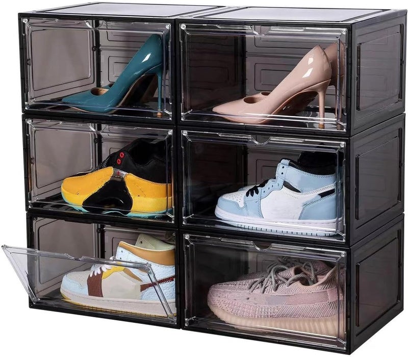 Attelite Large Clear Shoe Box Organizer,Plastic Stackable Shoe Storage Box with Magnetic Door, Large Clear Door Shoe Containers for Display Sneakers, Easy Assembly（Black） - Image 1
